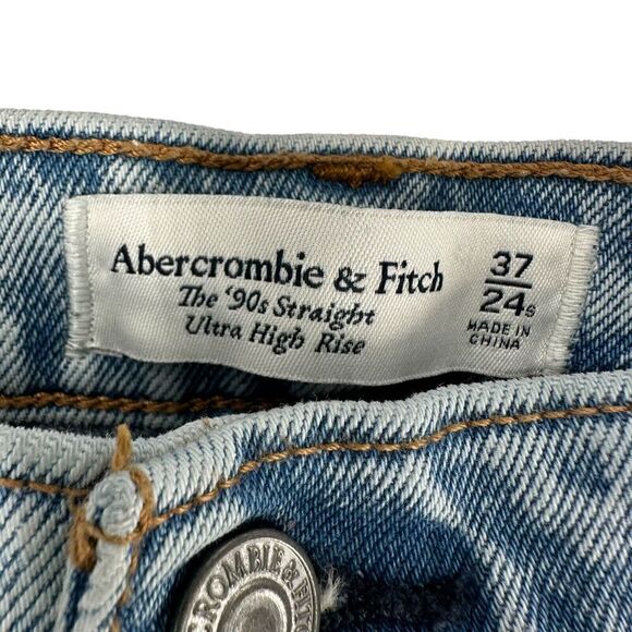Abercrombie 90s Straight Ultra High Rise Blue Jeans Size 37 24L Distressed Denim - Picture 4 of 6